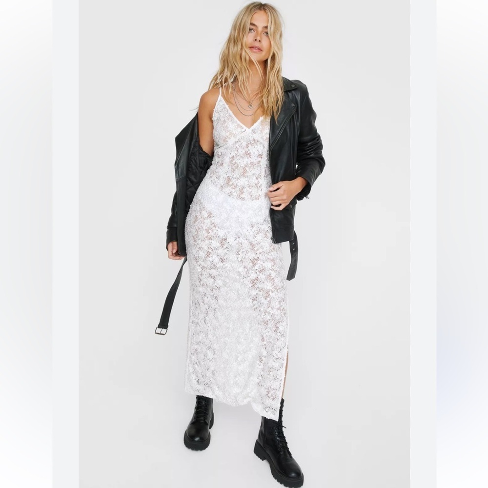 Nasty Gal Chic And Sexy Sheer White Lace Maxi Chemise Nwt Size L
